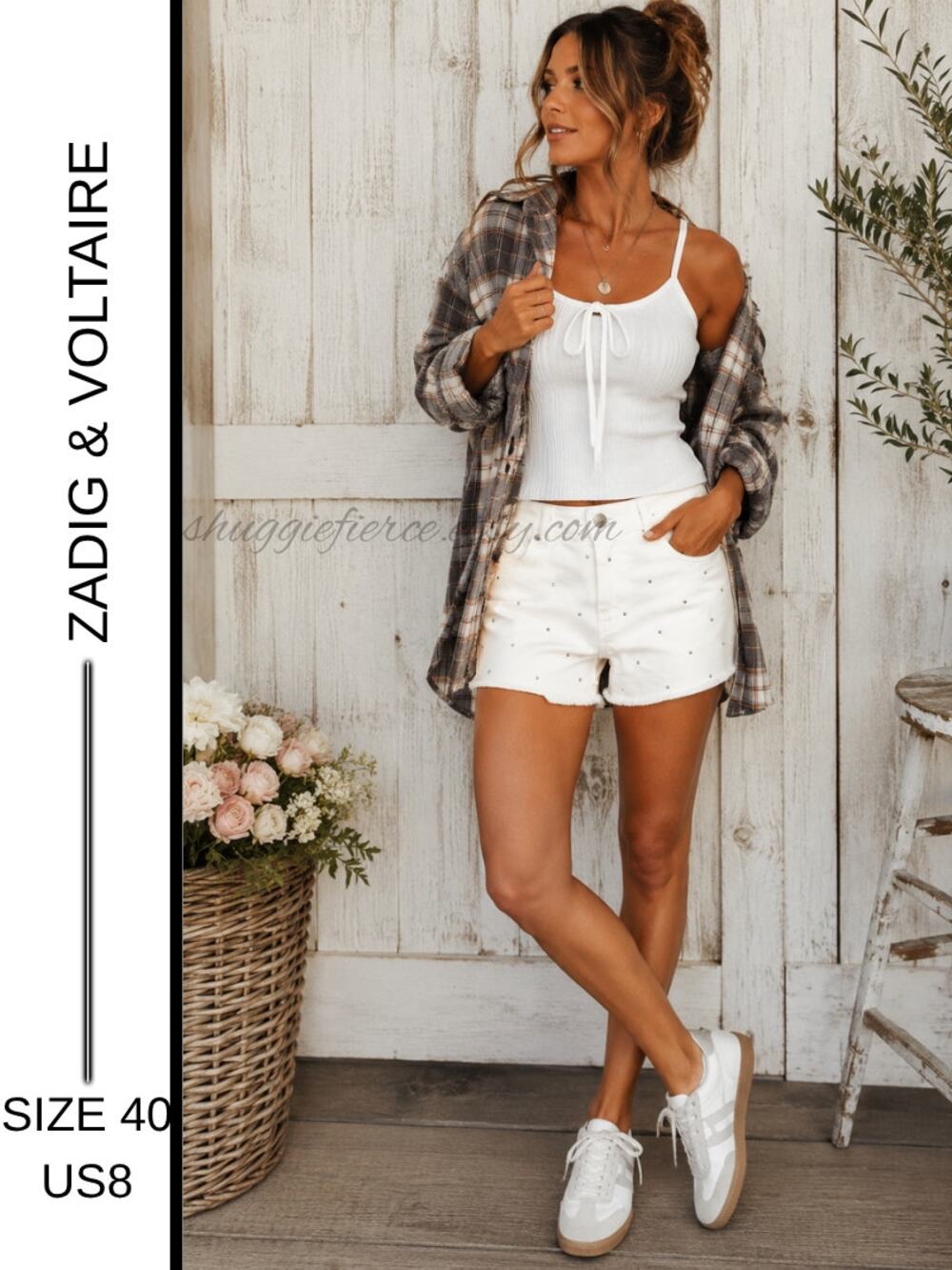 MSRP $330 | Zadig & Voltaire Denim Strass Crystal-Studded Shorts Size 40/US 8)✨